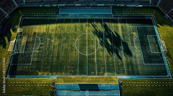 Fototapeta Overhead view of a football field with perfect line markings, focusing on the goal area, with significant copy space in the stands and surrounding area.