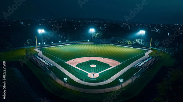 Fototapeta Overhead view of a baseball field at night, stadium lights creating a sharp contrast between the illuminated field and the dark surrounding area, with copy space above the field.