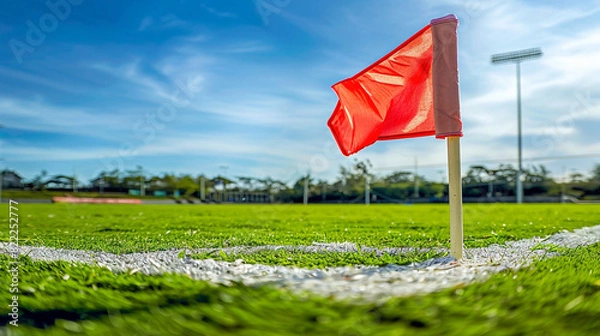 Fototapeta The corner flag of a football ground waving slightly in a breeze, focus on the lush corner area of the pitch, with substantial copy space in the sky.