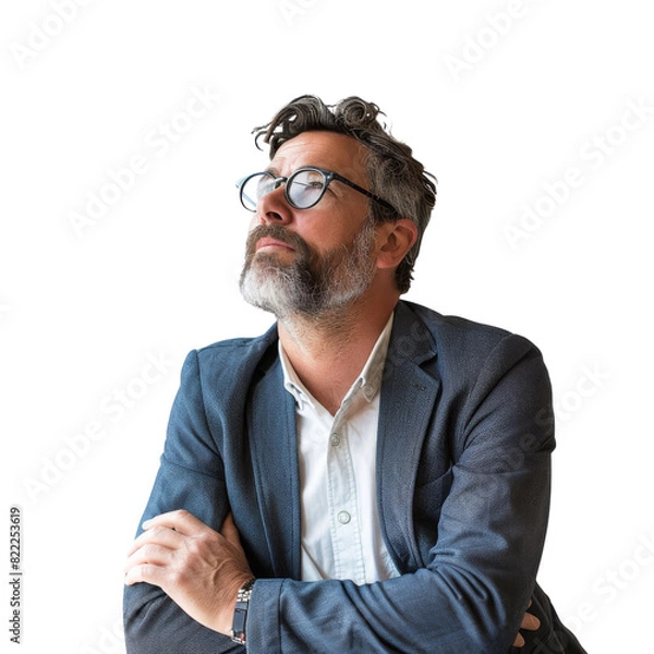 Fototapeta A man in a suit and glasses is looking up at the camera , isolated on transparent background