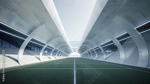 Fototapeta The pristine condition of a football stadium, players tunnel, viewed from the field looking inward, emphasizing the architectural details and providing ample copy space towards the tunnel's roof.