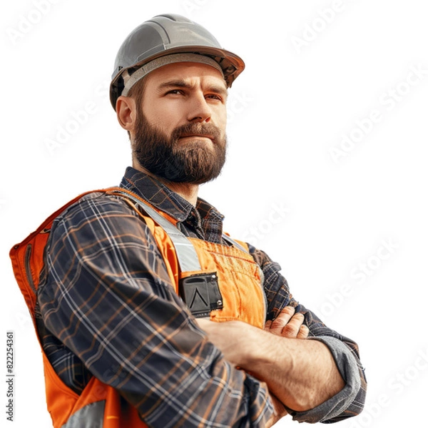 Fototapeta A man with a beard and a hard hat stands with his arms crossed , isolated on transparent background