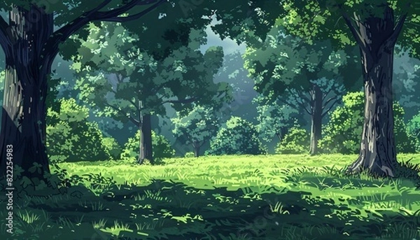Fototapeta A nature background in Japanese anime style, featuring a forest landscape with beautiful trees and green grass.