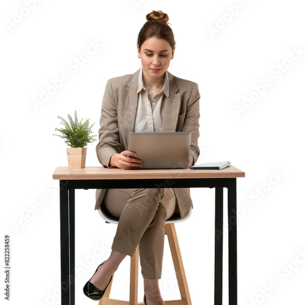 Fototapeta A woman is sitting at a desk with a laptop and a potted plant, isolated on transparent background