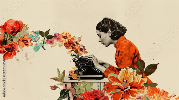 Fototapeta Art of a girl typing on a typewriter surrounded by flowers. Digital illustration: writer, secretary, copywriter, marketer.