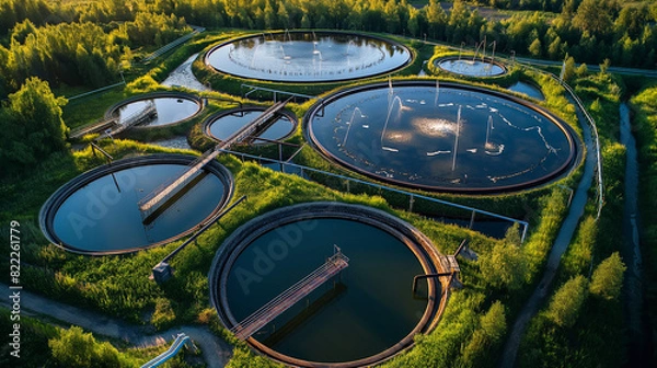 Fototapeta Industrial aeration tanks with rusted structures in a water treatment facility, showcasing the purification process.