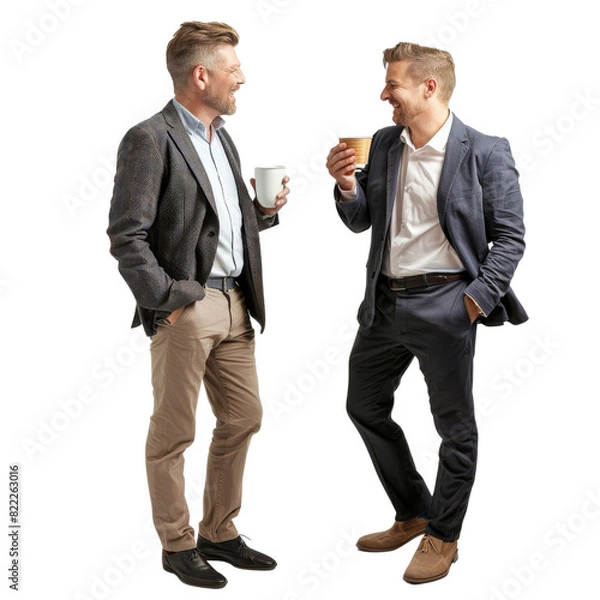Fototapeta Two men in suits are standing next to each other, one of them holding a cup, isolated on transparent background