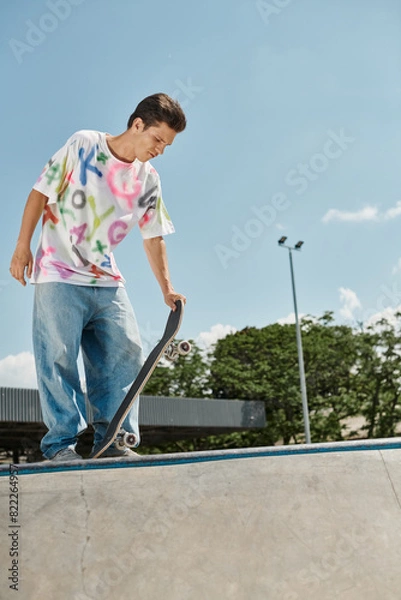 Fototapeta A young skater boy fearlessly rides his skateboard up the side of a ramp in a skate park on a sunny summer day.