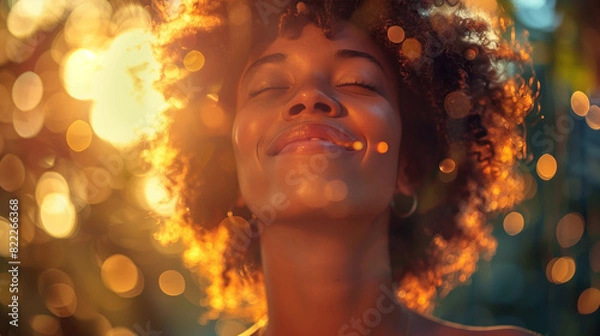 Fototapeta Someone embracing personal growth and self-discovery, their face illuminated with a smile of inner peace and contentment, capturing the happiness that comes from self-awareness and acceptance.