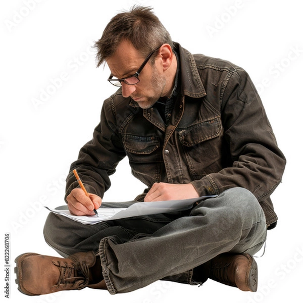 Fototapeta A man is sitting on the ground and writing with a pencil, isolated on transparent background