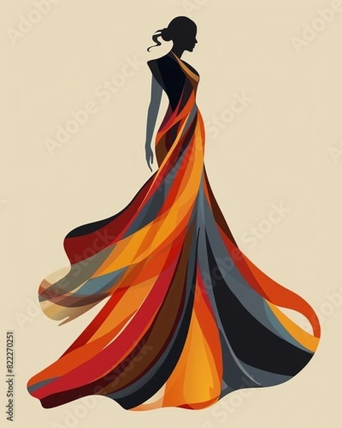 Obraz Elegant silhouette of a woman in a flowing, colorful dress with abstract, swirling patterns on a neutral background.