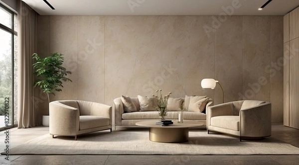 Fototapeta Large beige taupe lounge home, office. Empty wall in the texture of plaster wallpaper or ivory microcement or silk stucco background