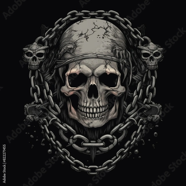 Obraz gray skull and chain for illustration clothing design, black background,