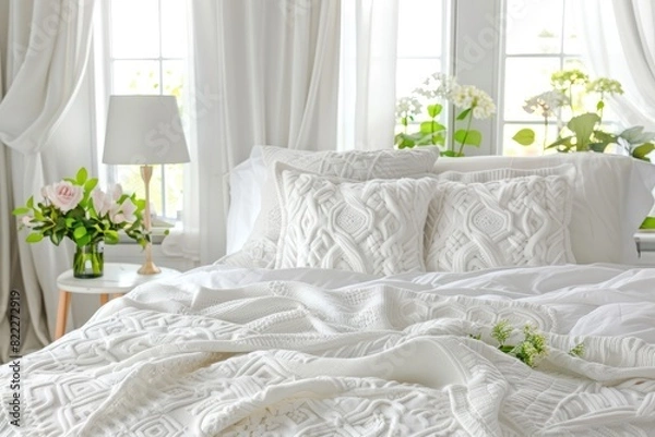 Fototapeta Beautiful knitted blanket with intricate patterns on a white background