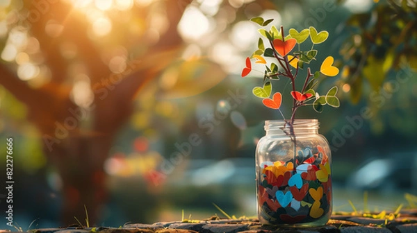 Fototapeta gratitude jar with notes of appreciation, tree with leaves expressing thankfulness, board with messages from community. cultivate joy, abundance, positive relationships in daily life.