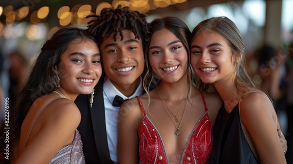 Fototapeta High school students dressed elegantly for prom, posing for photos and dancing the night away in celebration of friendship, romance, and the end of the school year.