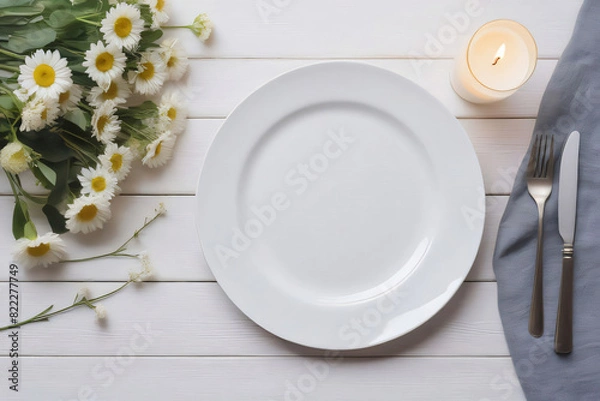 Fototapeta A white wooden table, with a plate, surrounded by flowers and cutlery and a lit candle, top view, with space for text.