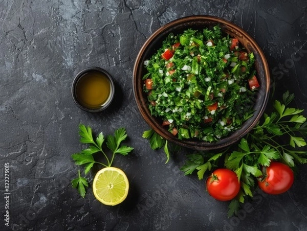 Fototapeta Top view of Lebanese tabbouleh salad with parsley and tomatoes, using the rule of thirds, with ample copy space