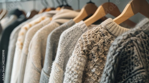 Fototapeta neutral colored knit sweaters on wooden hangers in a minimalist store setting