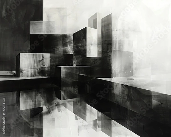 Obraz Monochrome abstract geometric architecture with reflective surfaces and modern industrial design in black and white.
