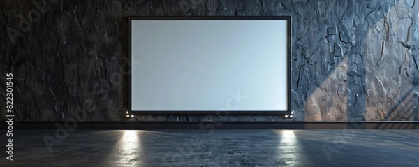 Fototapeta A single large empty white frame with dark borders, centrally spotlighted against a textured dark gray wall in a contemporary design studio. 