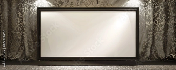 Fototapeta A single large empty white frame with dark borders, centrally spotlighted against a wall with a silk damask texture in a minimalist architectural studio. 