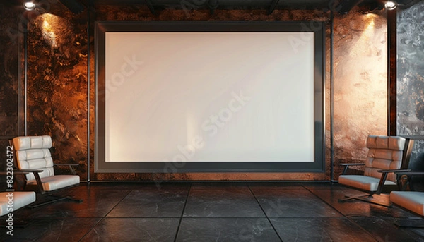 Fototapeta A single large empty white frame with dark borders, centrally spotlighted against a wall with a polished copper texture
