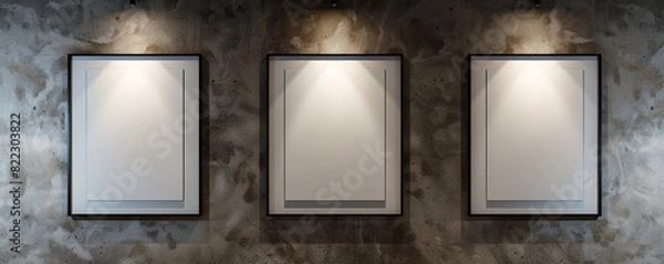 Fototapeta A trio of white frames with dark borders on a wall with a textured gypsum finish in a modern architectural firm, 