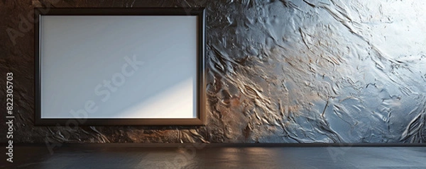 Fototapeta An upscale architectural studio with one empty white frame with dark borders, spotlighted against a wall with a textured titanium finish. 