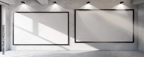 Fototapeta Inside a contemporary architectural studio, two white frames with dark borders are displayed against a light gray wall. 