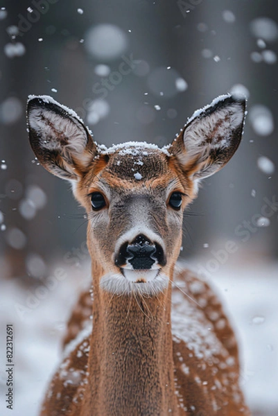 Fototapeta A wildlife high quality photo professional photographer of moose deer standing  during winter snowing  background, wallpaper