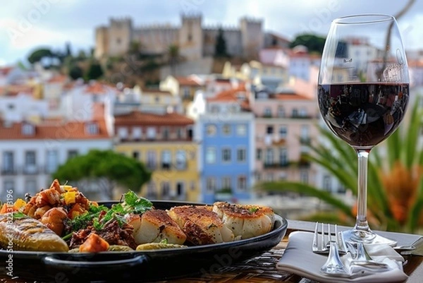 Fototapeta Lisbon's Essence: Savor a Flavorful of tipical food and wine at a Quaint Bistro, with the Historic São Jorge Castle Overlooking the Scenic Experience.
