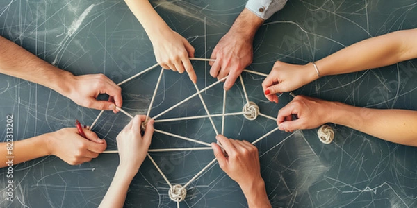 Fototapeta A group of people engage in a string game, creating a web of interconnected loops with their hands