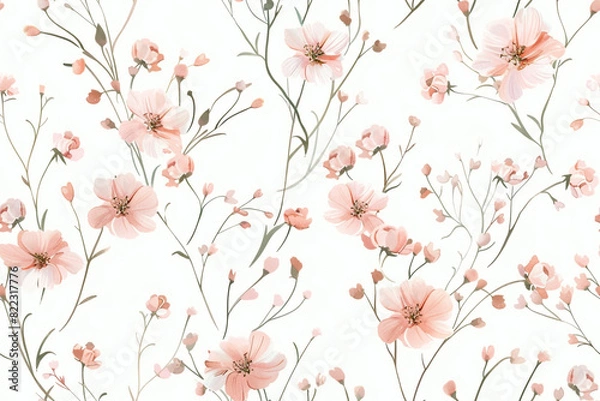 Fototapeta Watercolor floral seamless pattern in vintage rustic style. Print with abstract flowers, leaves, and plants.