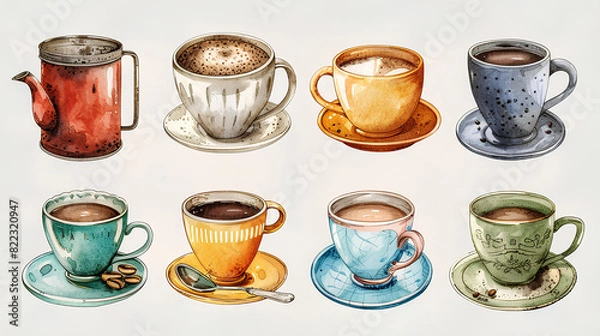 Fototapeta A high-quality set of coffee cliparts: A beautiful watercolor style for creating logos.