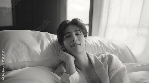 Fototapeta 自然光が差し込む室内で男性がベッドでリラックスしているモノトーンの光景