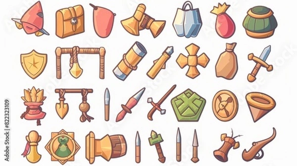Fototapeta Cartoon set of military game icons featuring cannons, bombs, bullets, knives, maces, gold medals, and badges.