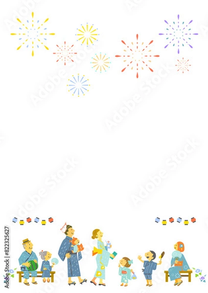 Obraz 夏祭りで花火を見上げる人々　カラフルで楽しいイラスト