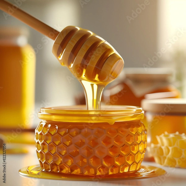 Fototapeta Delicious jar of honey with honey dripping of the wooden spoon. 