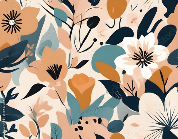 Fototapeta Modern abstract floral vector pattern. Collage contemporary seamless pattern. Hand drawn cartoon style pattern.