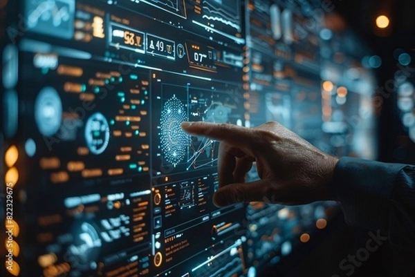 Obraz Businessman hand touching virtual screening big data and digital transformation technology strategy, digitalization of business processes and data, Digital transformation change management