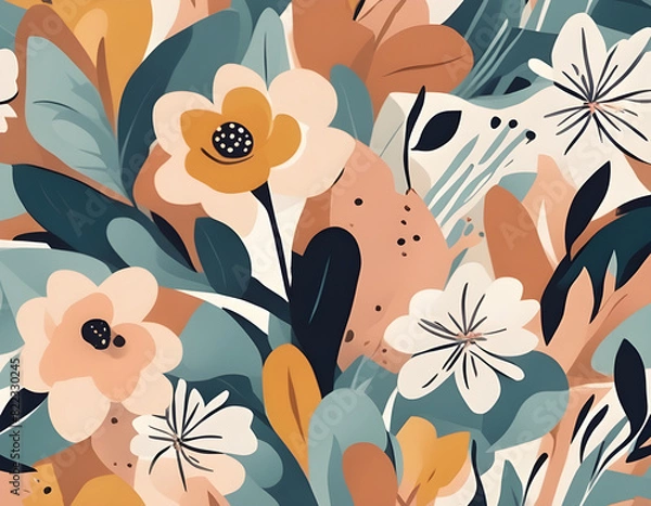 Fototapeta Modern abstract floral vector pattern. Collage contemporary seamless pattern. Hand drawn cartoon style pattern.