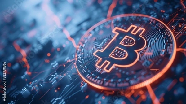Fototapeta A vivid depiction of a Bitcoin coin superimposed on a detailed blue digital circuit board background, emphasizing the theme of cryptocurrency and technology.