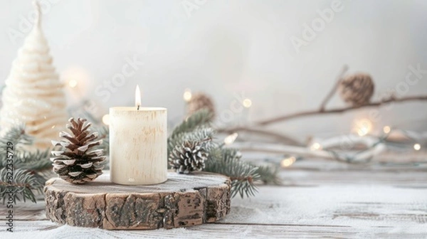Fototapeta Chrsitmas Candle Wooden Decoration Table Rustic Cottagecore Minimalist Background Neutral White Social Media Web Design Post.