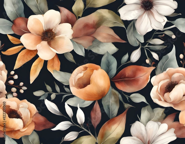 Obraz Beautiful horizontal floral seamless pattern with hand drawn watercolor autumn fall colors flowers.