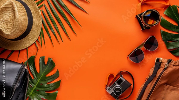 Obraz September 27 is World Tourism Day. Flat lay composition of tourism accessories on bright orange background with palm leaves  with copy space.