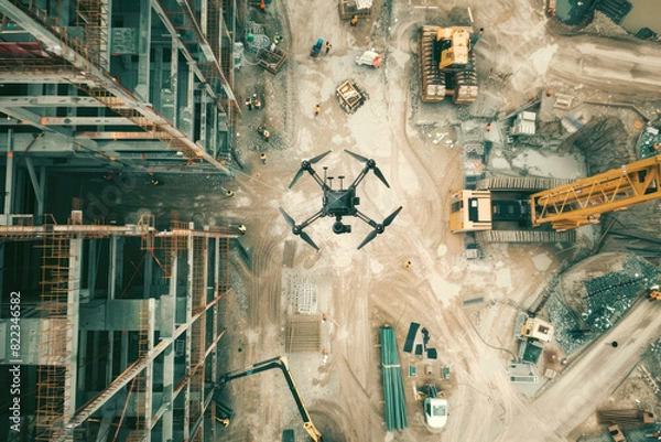 Fototapeta A drone hovering over a large construction site, capturing aerial views of the layout and ongoing work, with workers and machinery in action below.