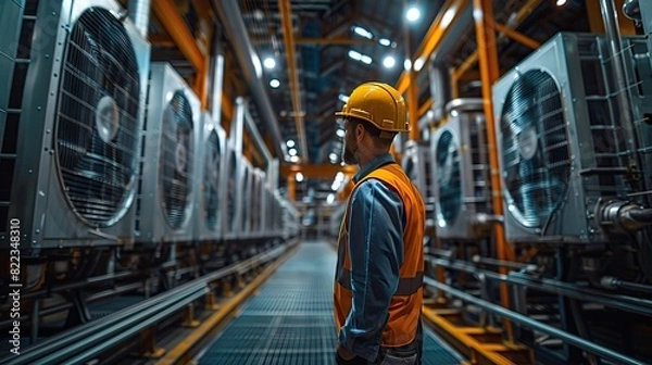 Fototapeta engineer under checking the industry cooling tower air conditioner is water cooling tower air chiller hvac of large industrial building to control air system.stock photo