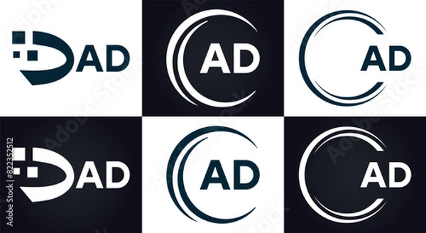 Fototapeta AD logo. A D design. White AD letter. AD, A D letter logo design. A D letter logo design in FIVE, FOUR, THREE, style. letter logo set in one artboard. A D letter logo vector design.	
