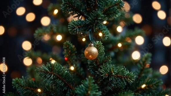 Fototapeta Christmas tree with blurred bokeh festive fairy lights.